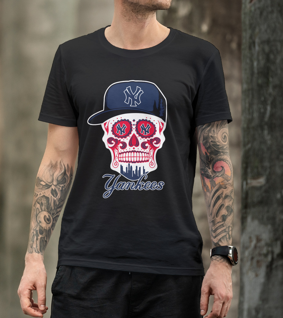 New York Yankees Skull Cap Design With Bold Logo And Cityscape Motif T-Shirt