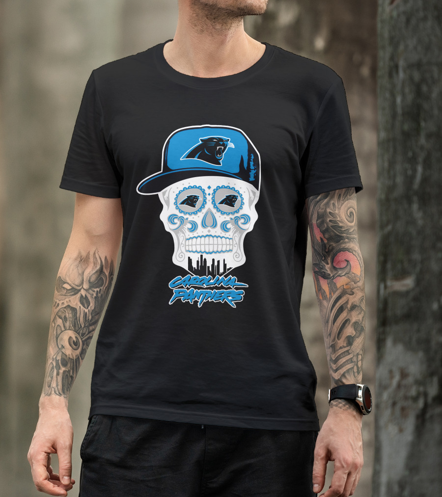 Carolina Panthers Skull With Hat And Skyline T-Shirt