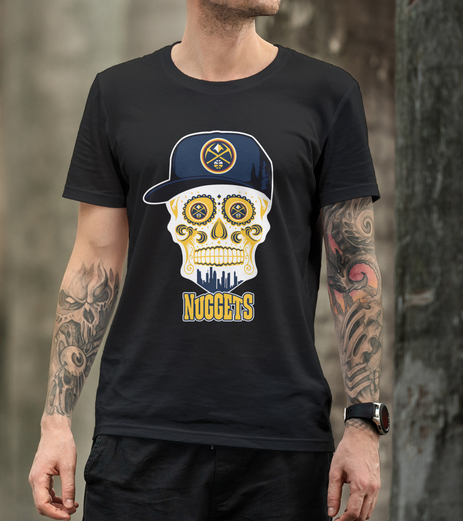 Denver Nuggets Skull Design With Cap And City Silhouette T-Shirt