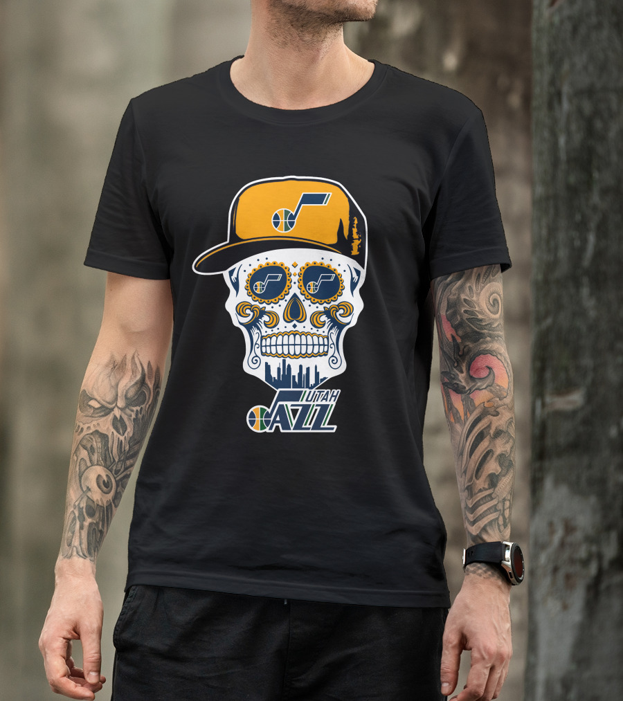 Utah Jazz Skull With City Skyline And Jazz Logo Cap T-Shirt
