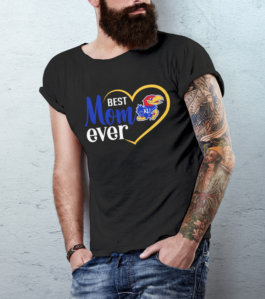 Kansas Jayhawks Best Mom Ever Heart Emblem Ku T-Shirt