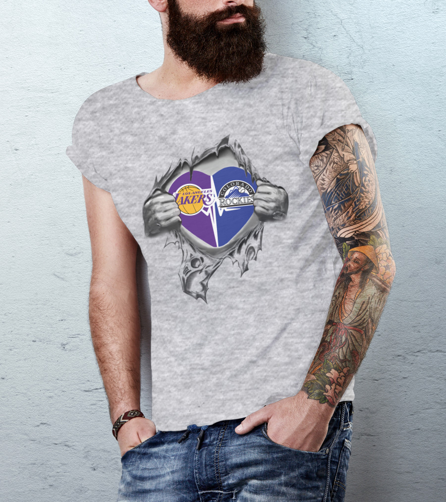 Los Angeles Lakers Colorado Rockies Heart Symbol With Hands Tearing Through Material T-Shirt