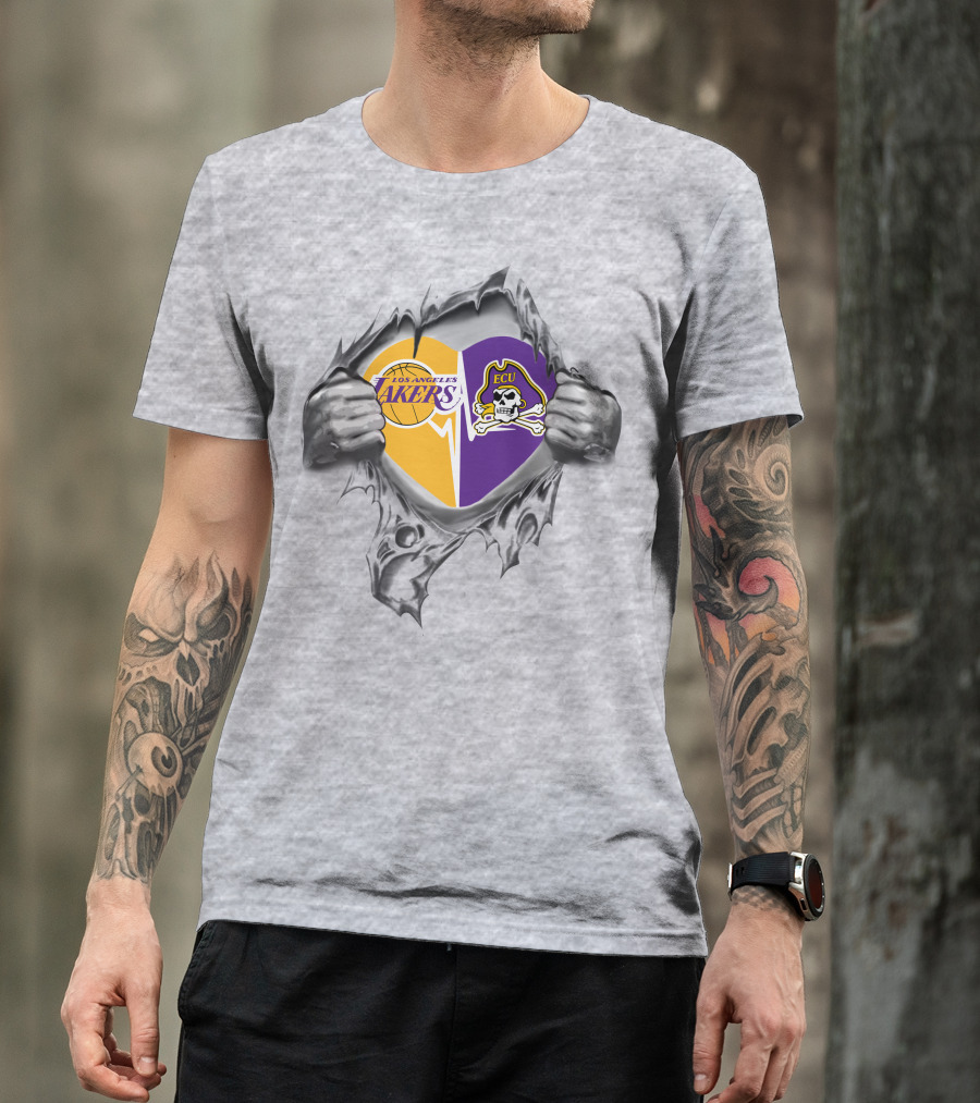 Los Angeles Lakers Ecu East Carolina Pirates Heart Logo Fusion T-Shirt
