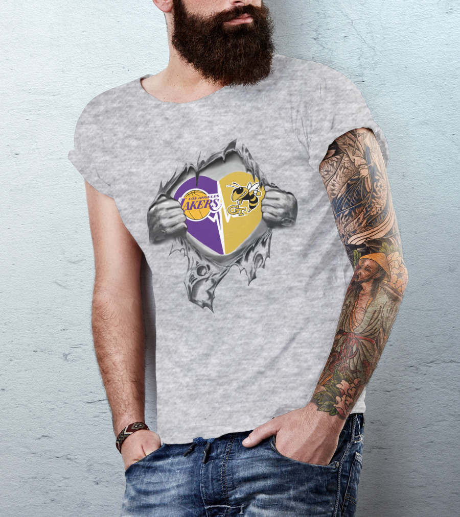 Los Angeles Lakers Georgia Tech Yellow Jackets Heart Combination T-Shirt