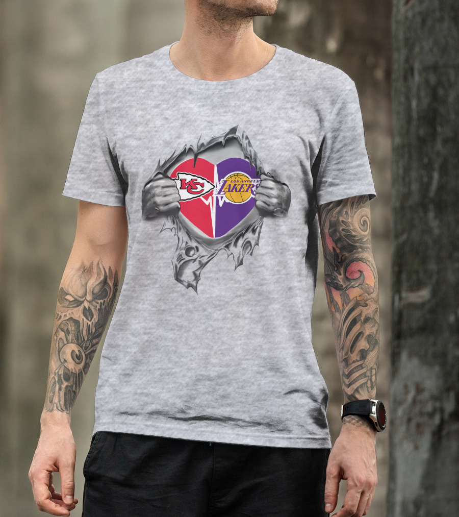Kansas City Chiefs Los Angeles Lakers Heart Logo With Hands Ripping Through T-Shirt