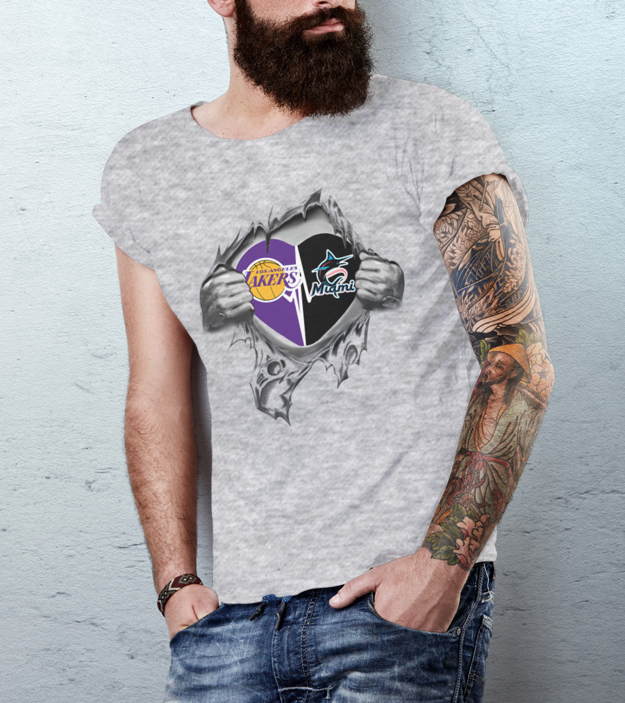 Los Angeles Lakers Miami Marlins Heart T-Shirt