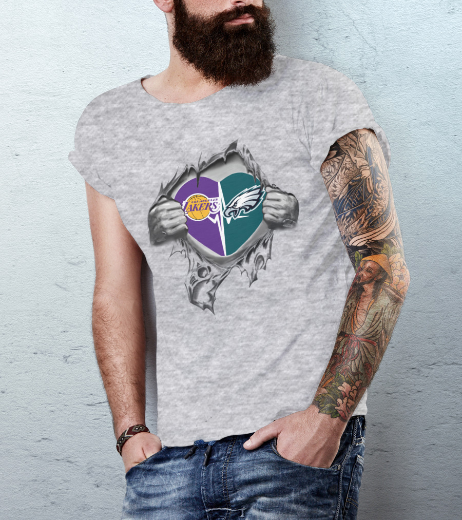 Los Angeles Lakers Philadelphia Eagles Heart Ripped T-Shirt