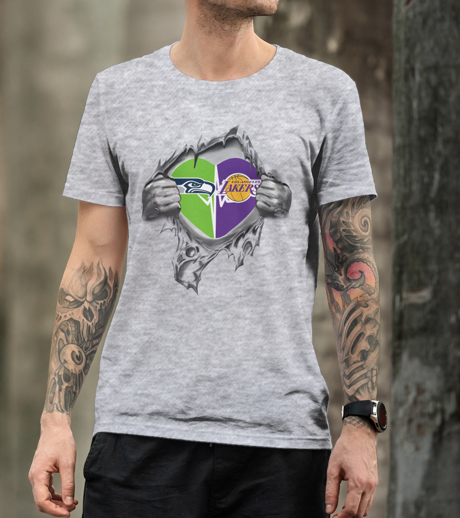 Lakers Seattle Seahawks Heart Design With Logos T-Shirt