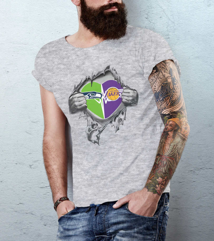 Lakers Seattle Seahawks Heart Design With Logos T-Shirt