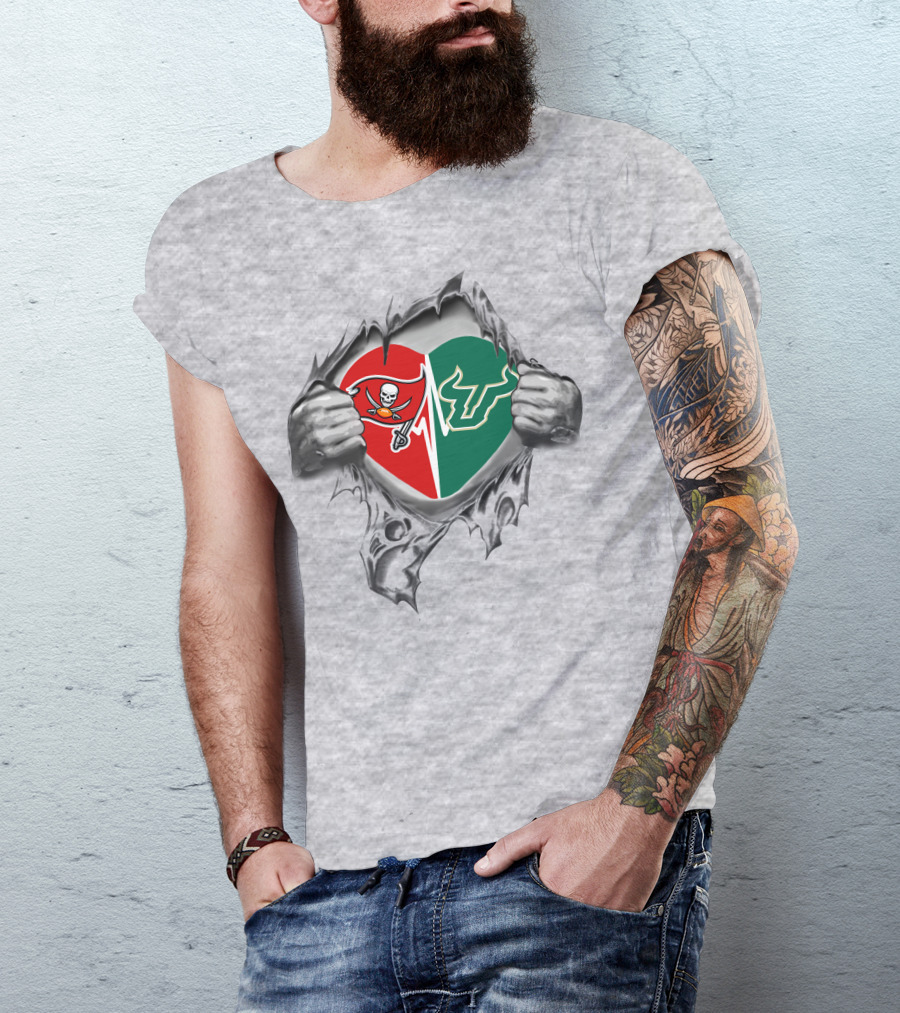 Buccaneers South Florida Bulls Heart Split Logo Tribute T-Shirt