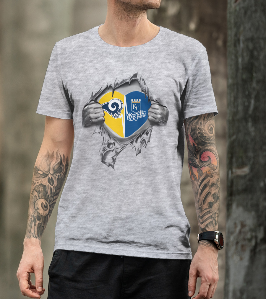 Kansas City Royals And Rams Heart Design With Ripping Hands T-Shirt