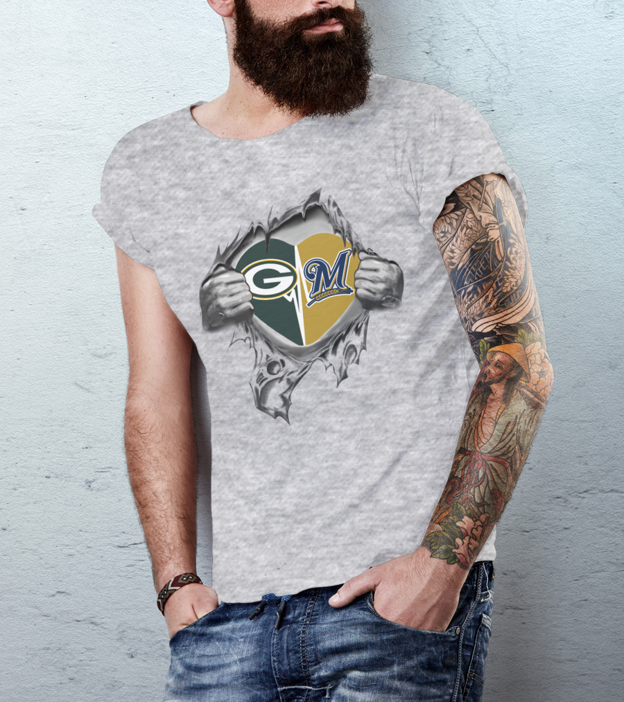 Green Bay Packers Milwaukee Brewers Heart Loyalty Burst T-Shirt