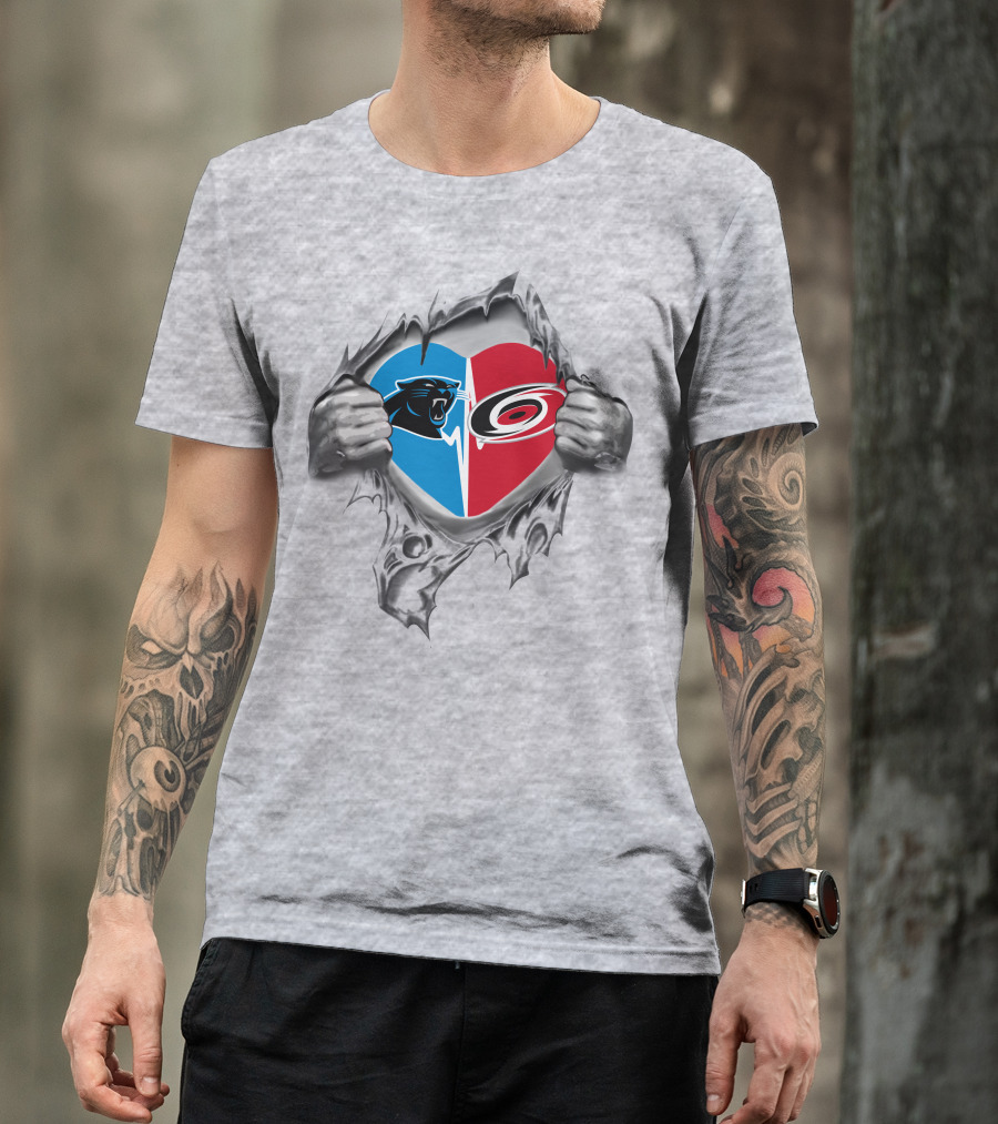 Carolina Panthers Carolina Hurricanes Heart Torn Open T-Shirt