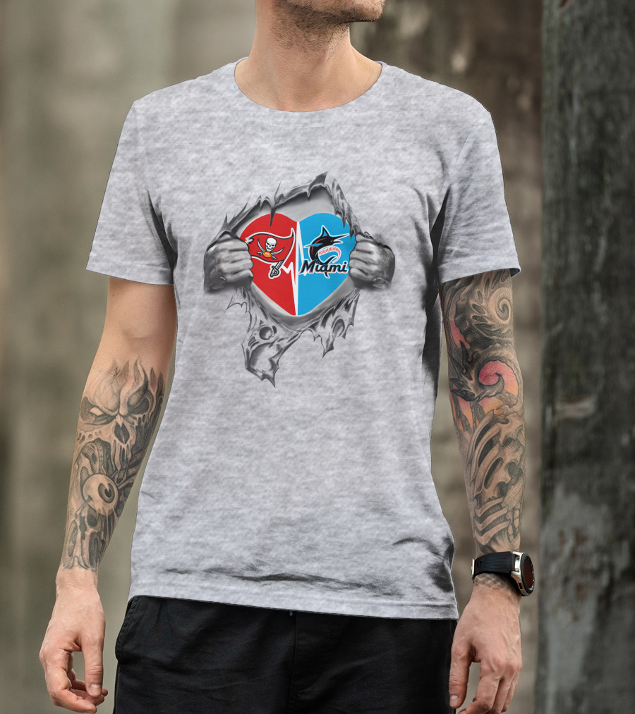 Buccaneers And Miami Marlins Heart Rip T-Shirt