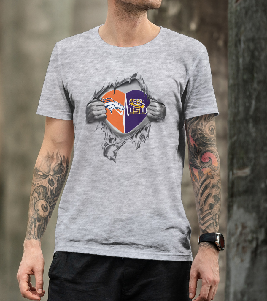 Broncos Lsu Tigers Heart Design With Ripped T-Shirt