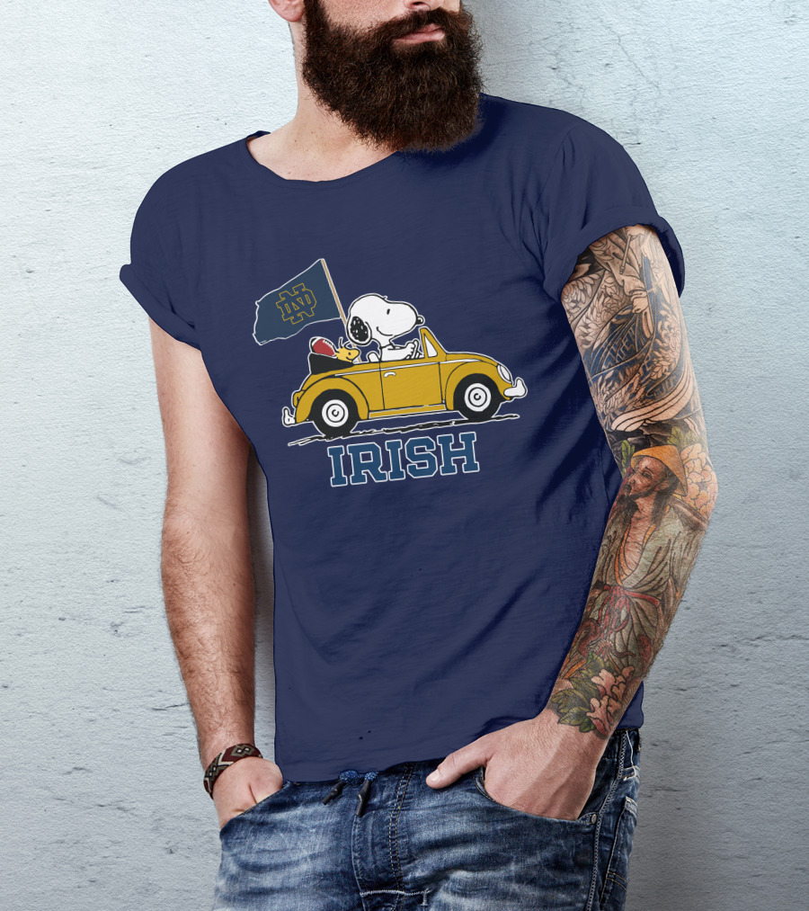 Notre Dame Fighting Irish Snoopy Driving Car With Flag T-Shirt