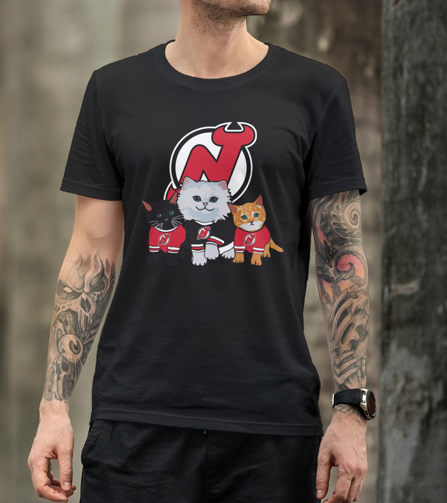 New Jersey Devils Cute Cats In Red Jerseys With Team T-Shirt