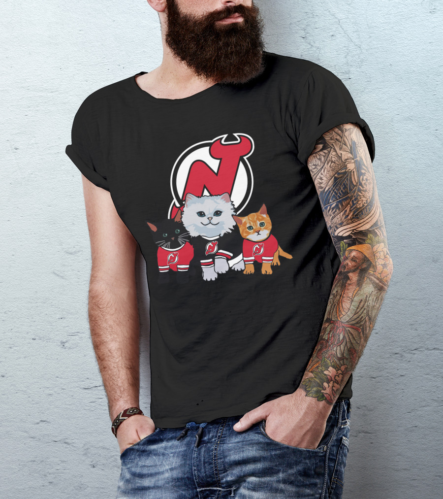 New Jersey Devils Cute Cats In Red Jerseys With Team T-Shirt