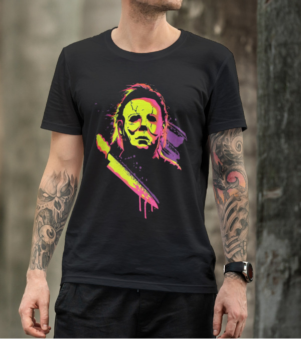 Halloween Michael Myers Neon Horror Mask Knife T-Shirt