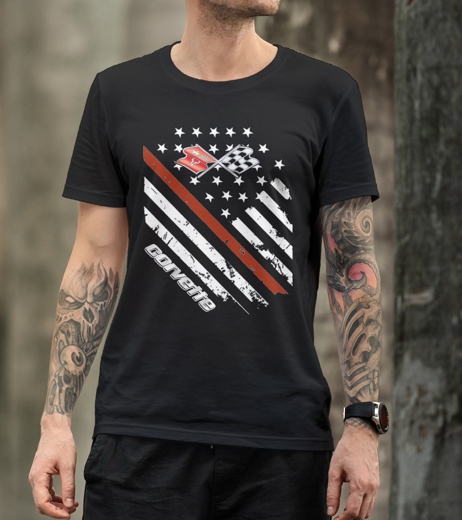 Corvette C3 American Flag Vintage Racing Stripes And Emblems T-Shirt