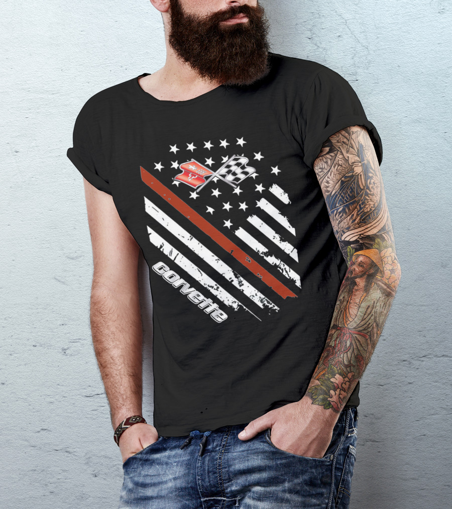 Corvette C3 American Flag Vintage Racing Stripes And Emblems T-Shirt