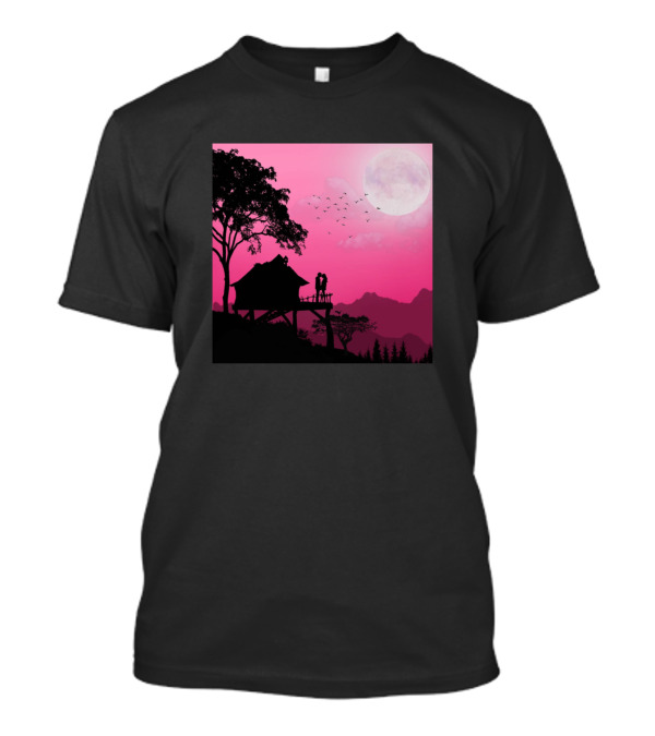 Love And Couple Silhouette Under Pink Moonlit Sky On Treehouse Adventure T-Shirt