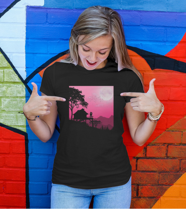 Love And Couple Silhouette Under Pink Moonlit Sky On Treehouse Adventure T-Shirt