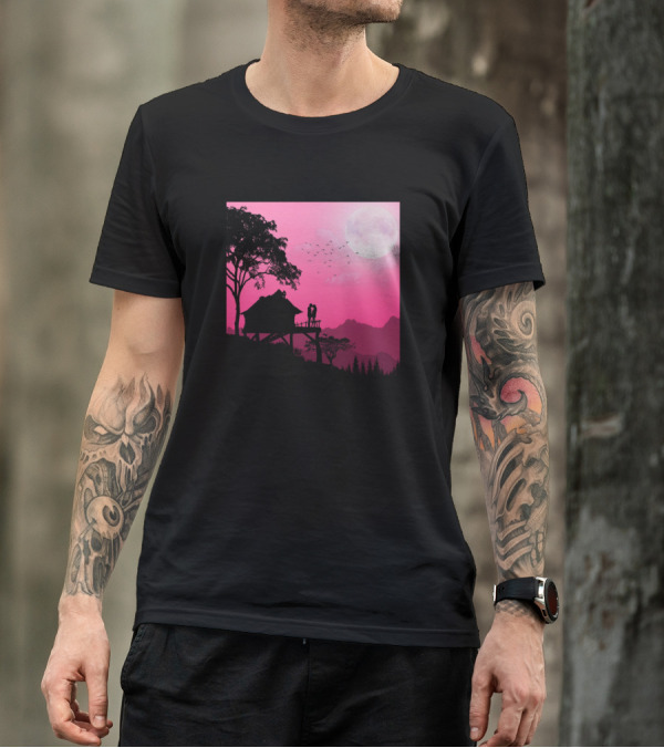 Love And Couple Silhouette Under Pink Moonlit Sky On Treehouse Adventure T-Shirt