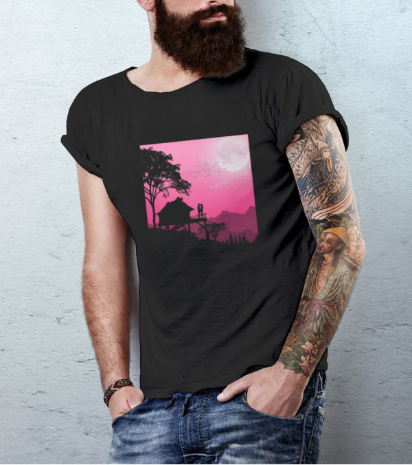 Love And Couple Silhouette Under Pink Moonlit Sky On Treehouse Adventure T-Shirt