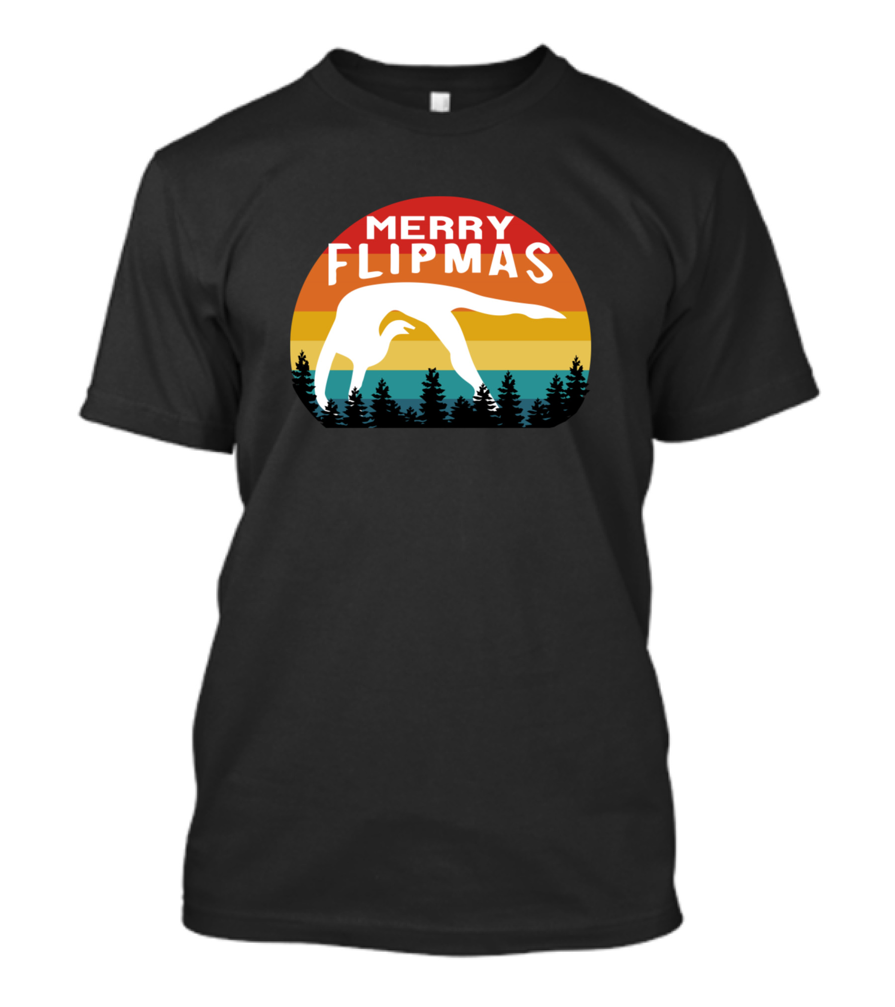 Merry Flipmas Gymnastics Ugly Christmas Girls Vintage Retro Pine Tree Sunset T-Shirt