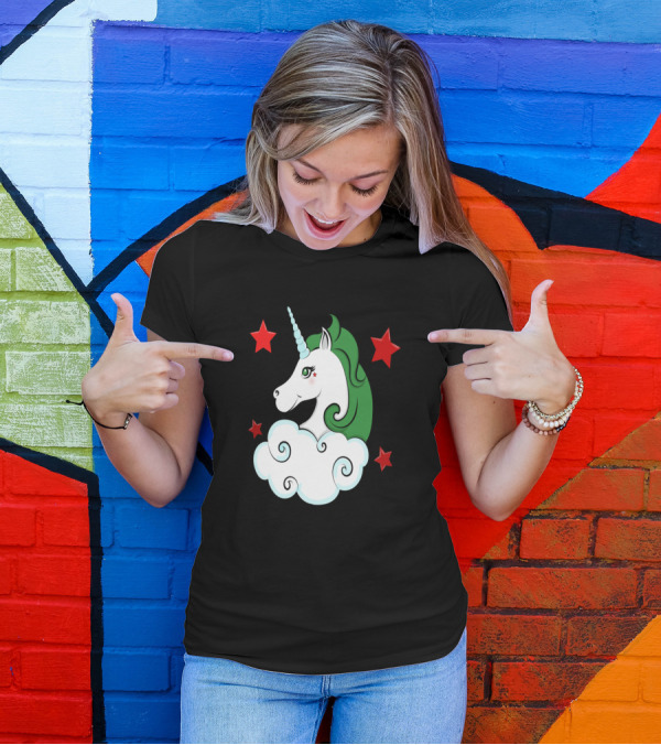 Green Unicorn Cloud With Red Stars T-Shirt