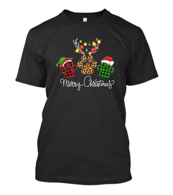 Merry Christmas Dog Paws Lights Buffalo Plaid Antlers Leopard Santa Hat T-Shirt