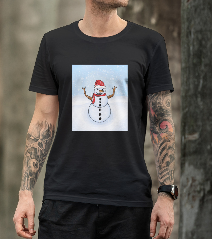 Snowman In Santa Hat With Red Scarf In Snowy Scene T-Shirt
