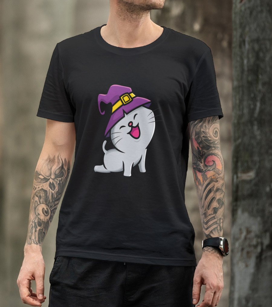 Wizzard Cat With Purple Wizard Hat And Happy Expression T-Shirt