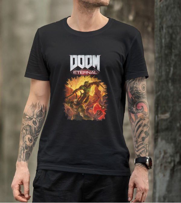 DOOM Eternal Action-Packed Demonic Battle Scene T-Shirt