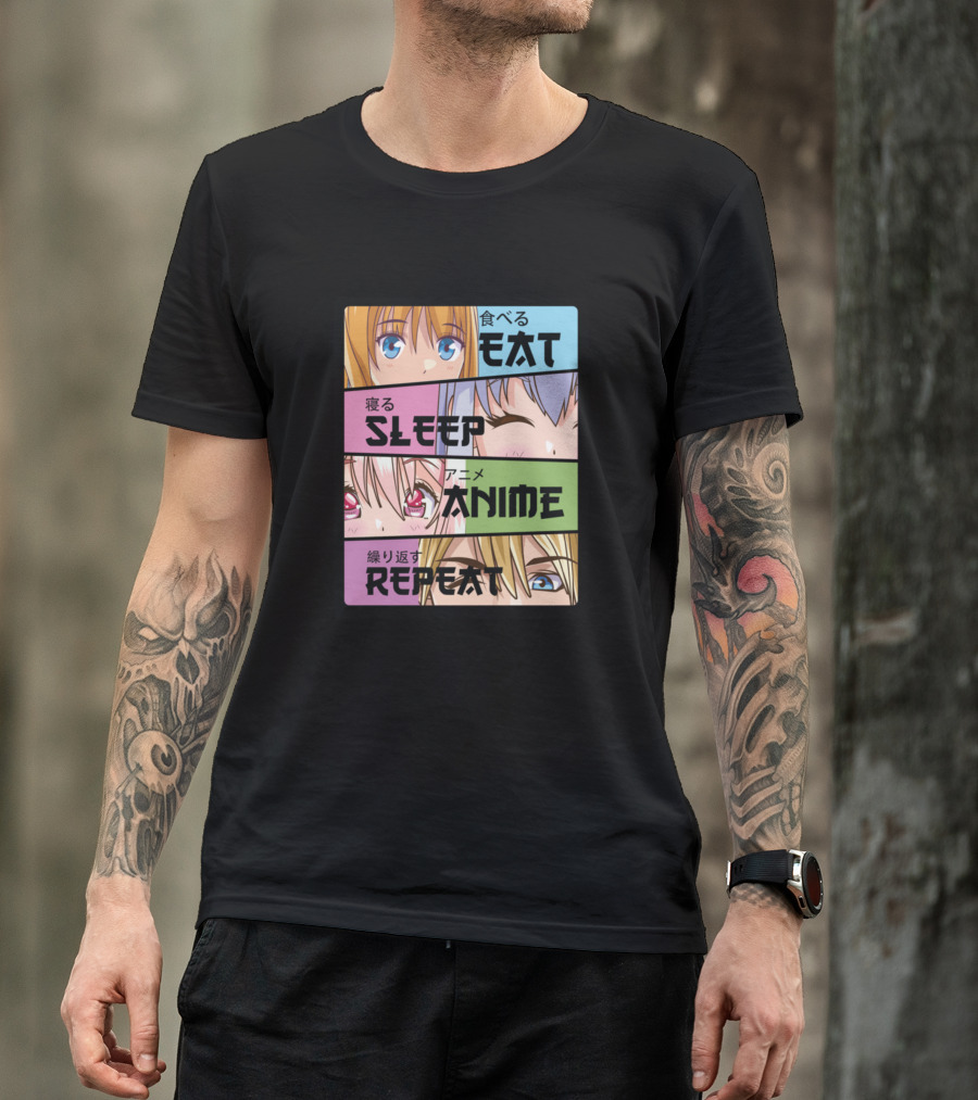 Eat Sleep Anime Repeat Kawaii Manga Cute Faces T-Shirt