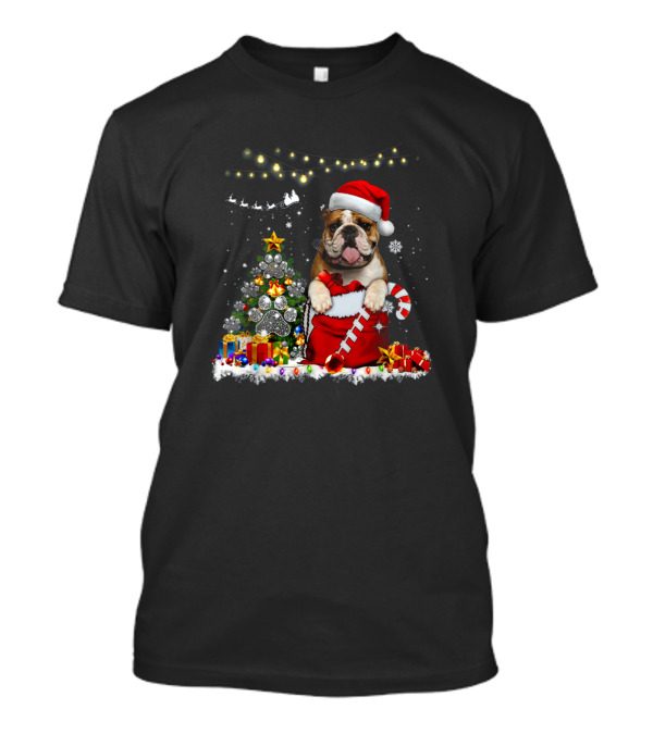 English Bulldog Santa Hat Christmas Tree Lights Ornaments T-Shirt