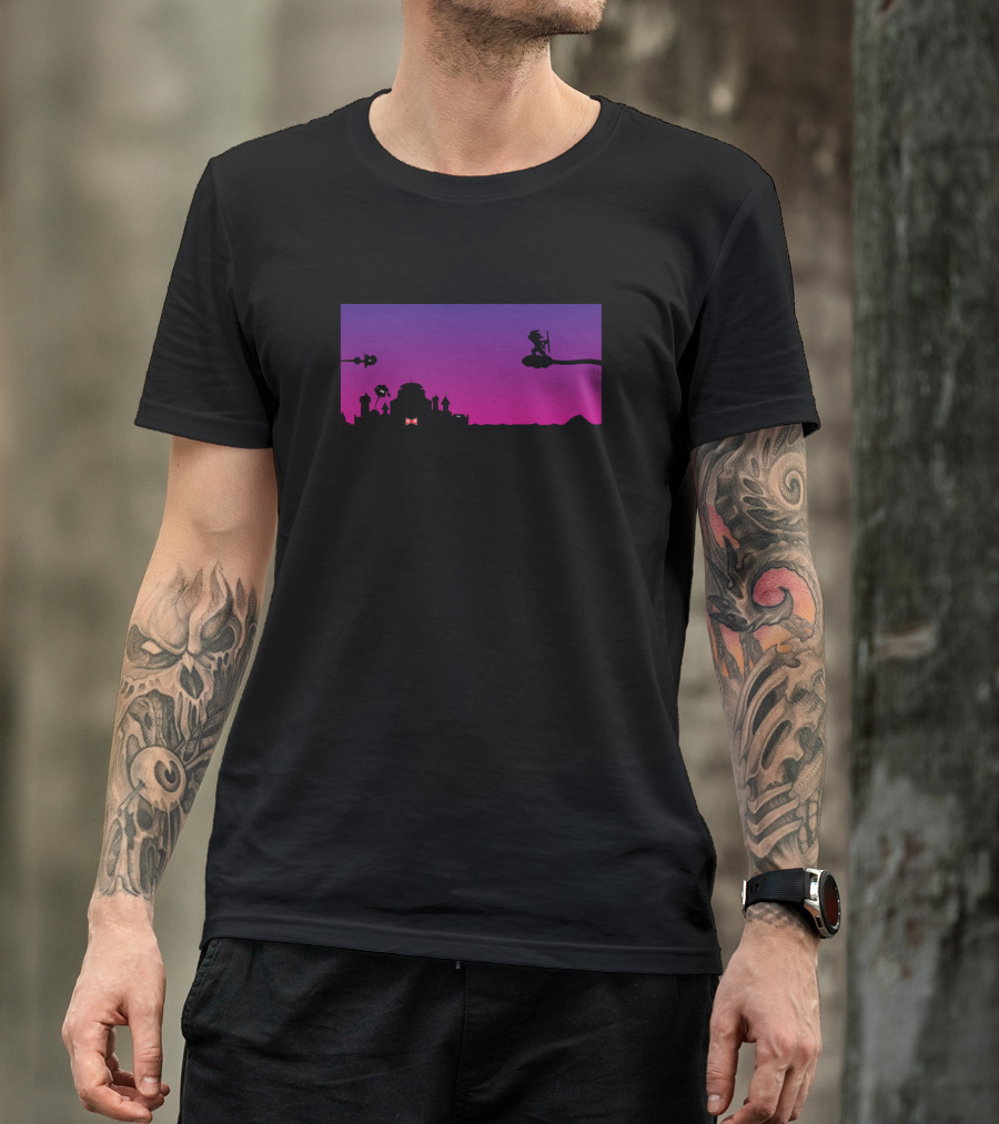Goku Vs Red Silhouette Battle At Sunset Urban Skyline T-Shirt