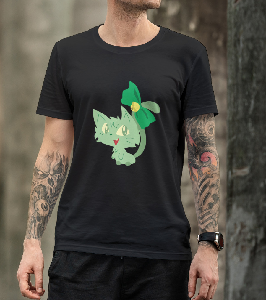 Sprigatito Green Cat Bow Cute Happy Fun T-Shirt