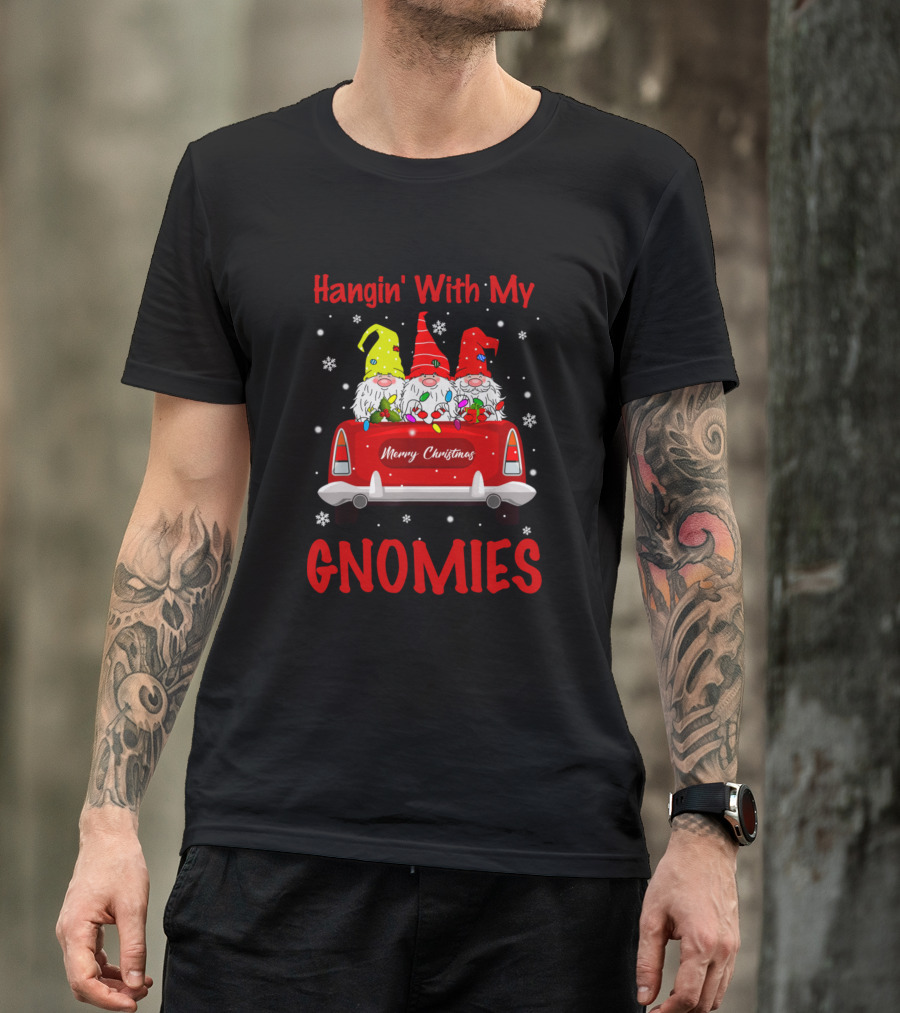 Hangin' With My Gnomies Merry Christmas Nordic Gnome Truck Snowflakes T-Shirt