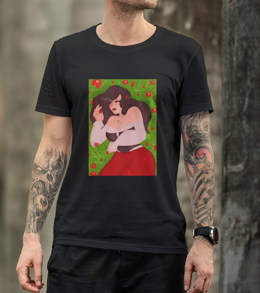 He Loves Me He Loves Me Not Romantic Illustration With Red Flowers And Woman In Red Skirt T-Shirt