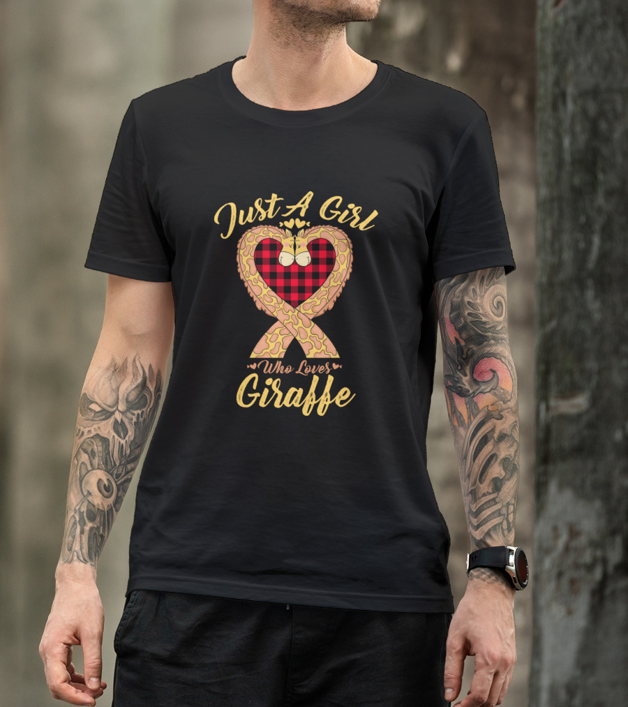 Just A Girl Who Loves Giraffes Heart Ribbon With Plaid T-Shirt
