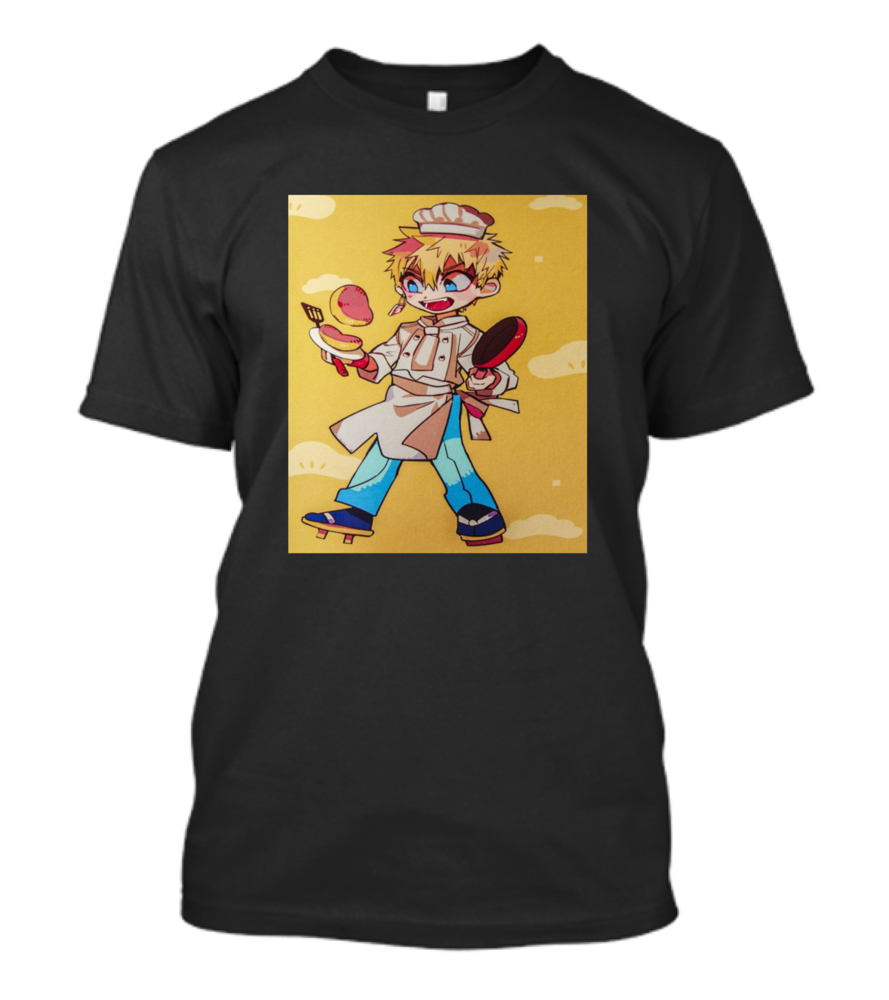 Kou Minamoto Chef Outfit Cooking Pancakes Anime Style Bright Energetic Yellow Background T-Shirt