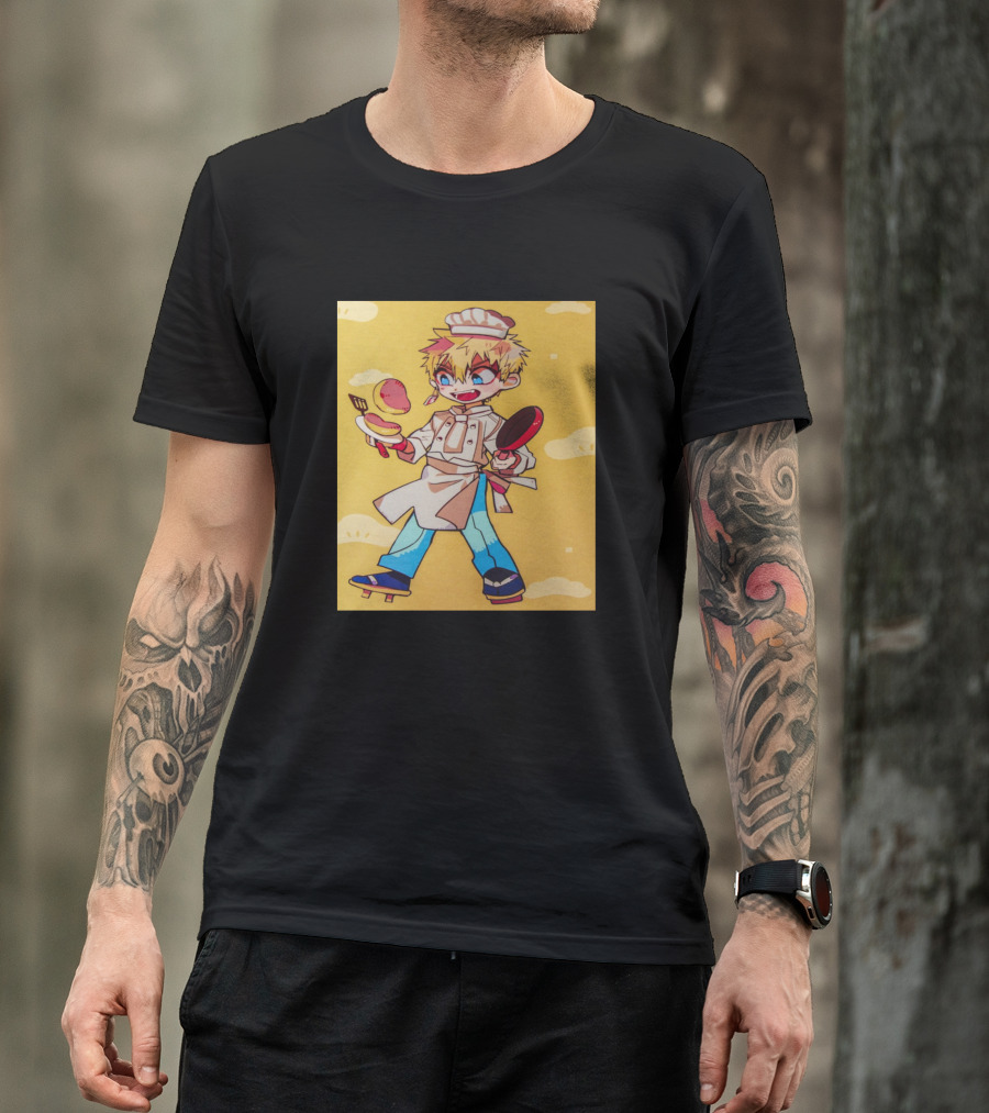 Kou Minamoto Chef Outfit Cooking Pancakes Anime Style Bright Energetic Yellow Background T-Shirt