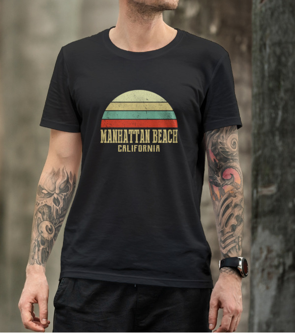 Manhattan Beach California Vintage Retro Striped Sunset T-Shirt