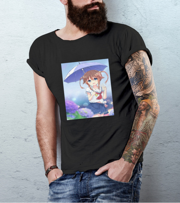 Misaki Akeno Anime Character With Umbrella In Rainy Floral Scene T-Shirt