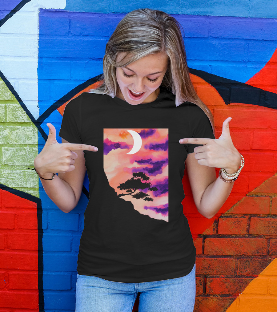 Mountain Tree Crescent Moon Sunset Clouds T-Shirt