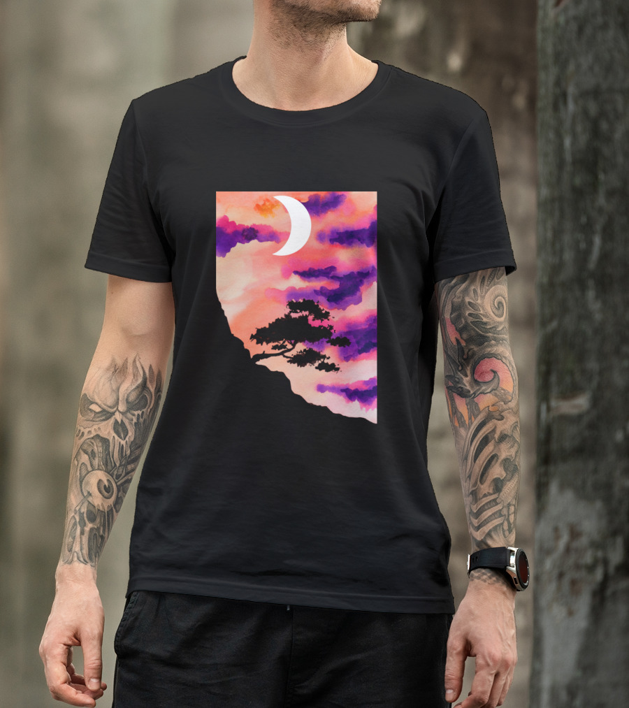 Mountain Tree Crescent Moon Sunset Clouds T-Shirt