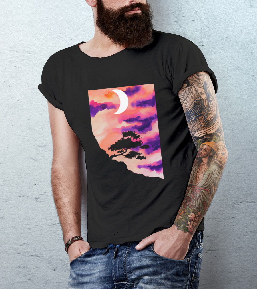 Mountain Tree Crescent Moon Sunset Clouds T-Shirt