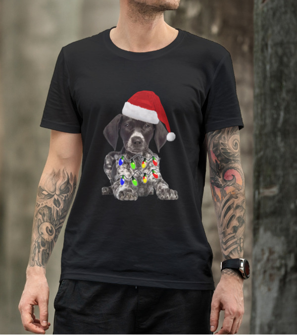 German Shorthair Pointer Christmas Lights Santa Hat T-Shirt